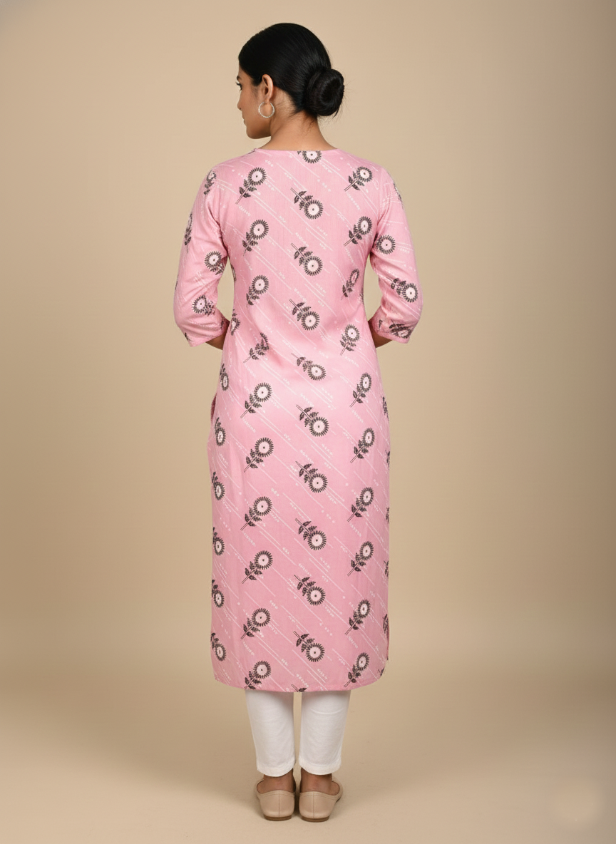 Printed 3/4 Sleeves Straight Kurti - Pink