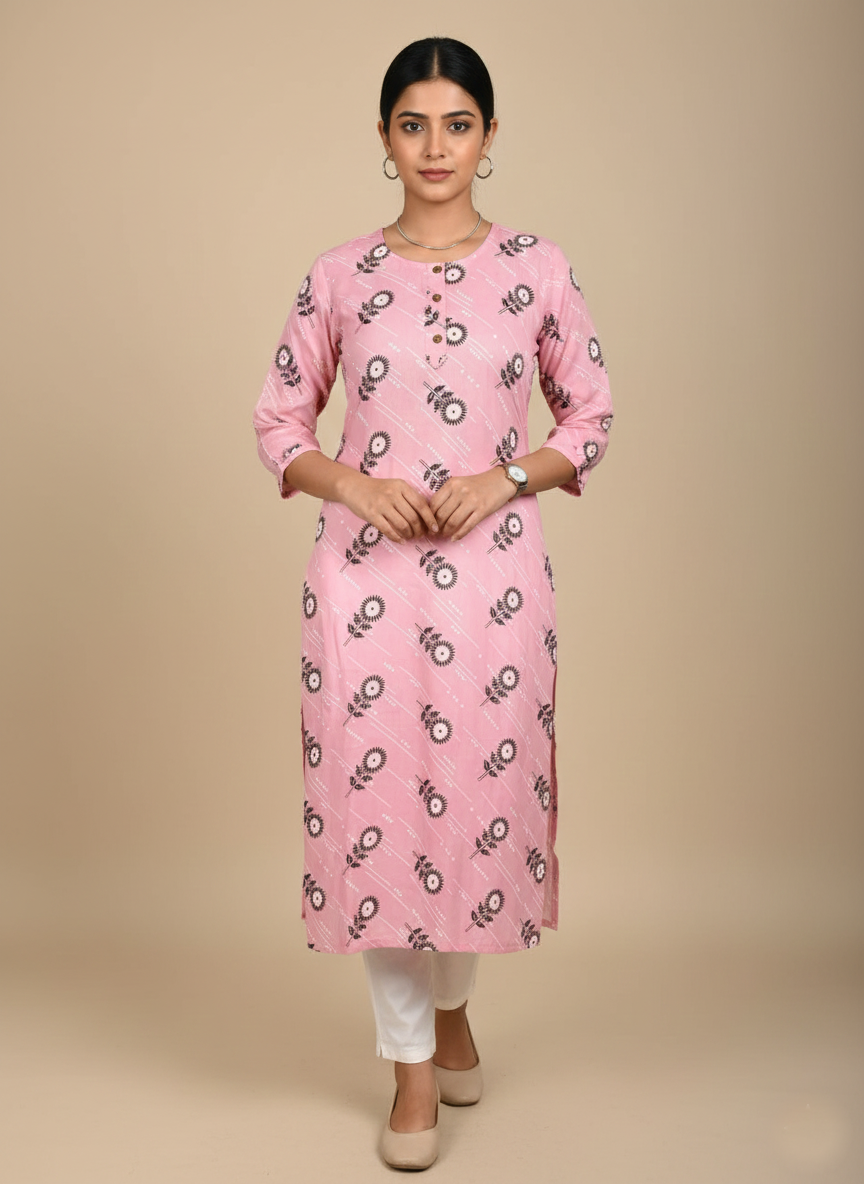 Printed 3/4 Sleeves Straight Kurti - Pink