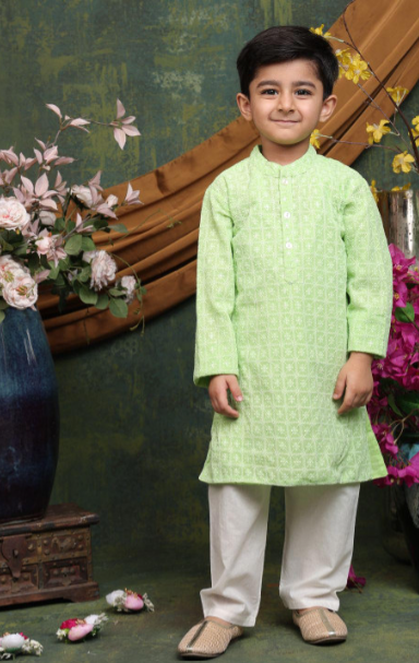 Boys Georgette Embroidered Green Kurta with White Cotton Pajama