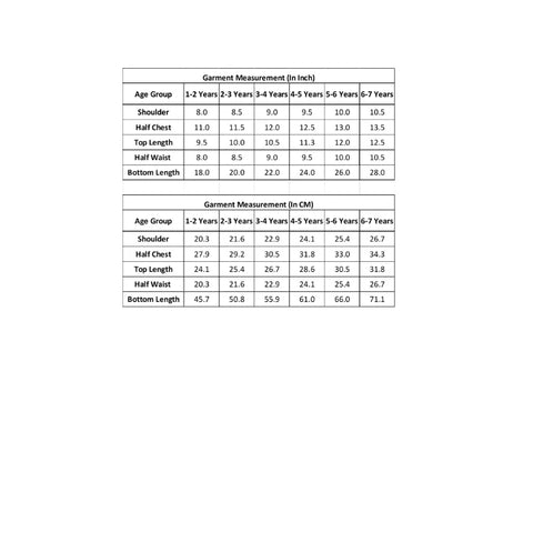 Measurement chart for children's clothing in inches and centimeters.