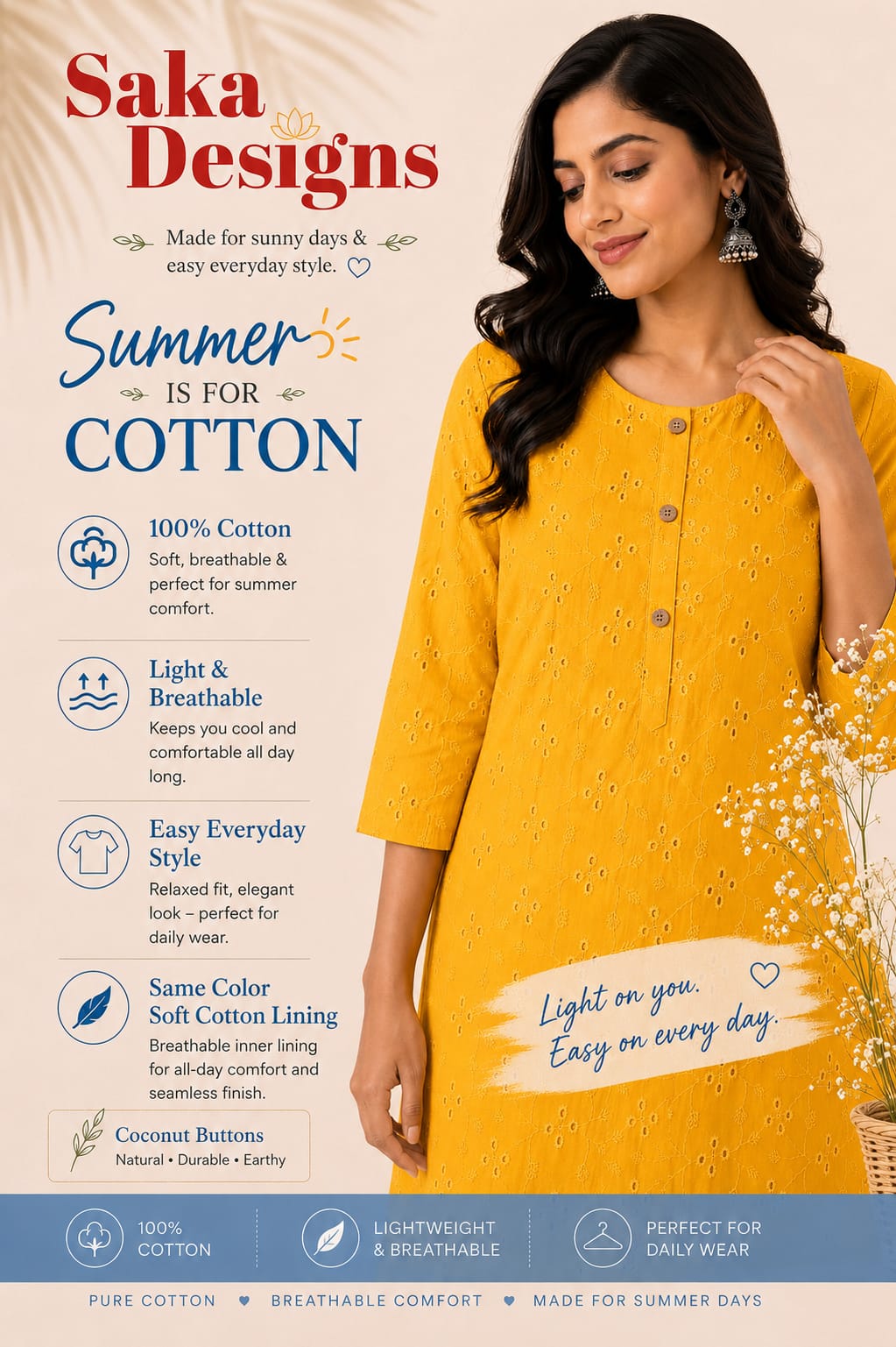 Women 100% Cotton Embroidered Kurti - Yellow (Kurti-79)