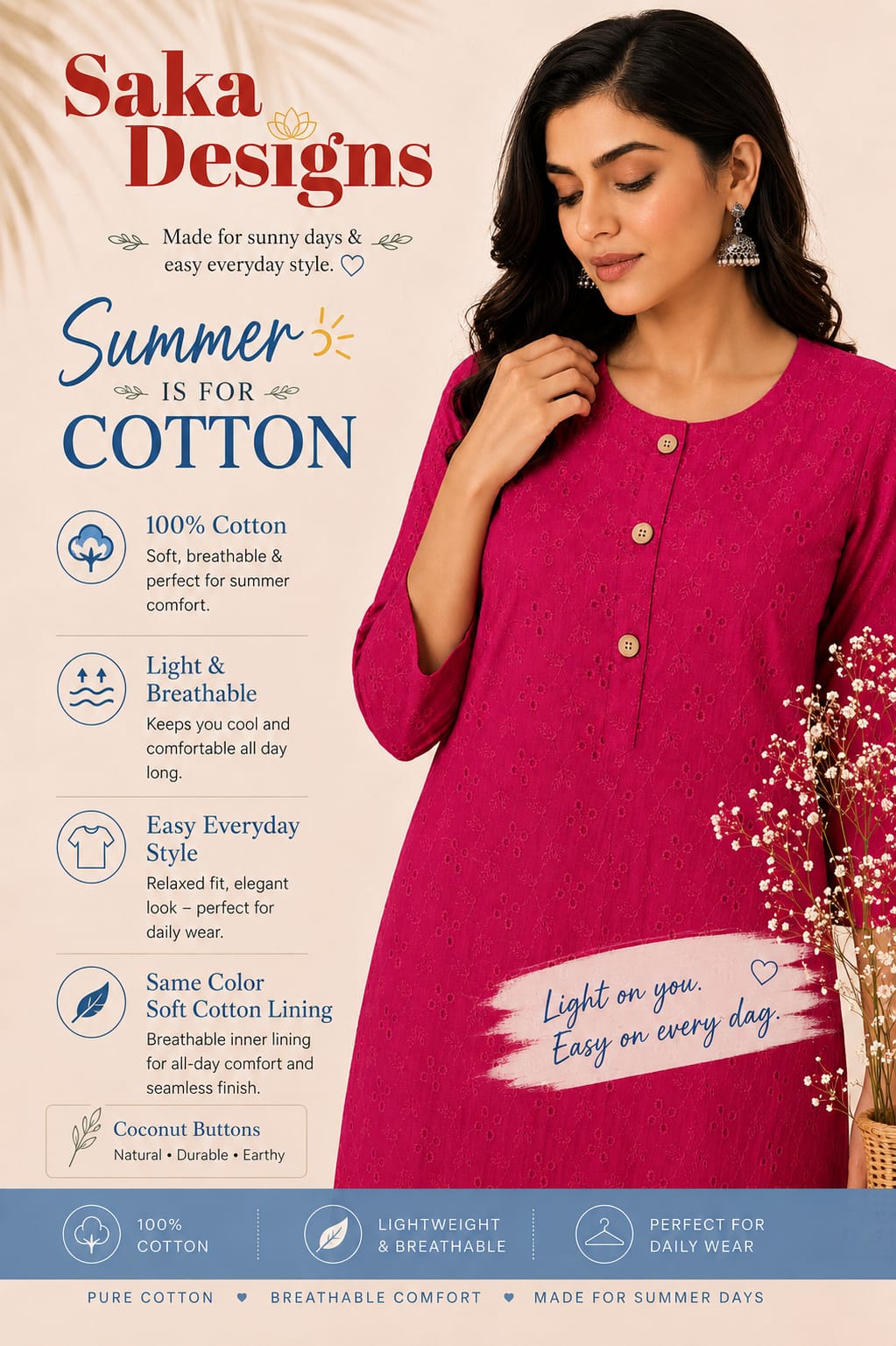 Women 100% Cotton Embroidered Kurti - Pink (Kurti-77)