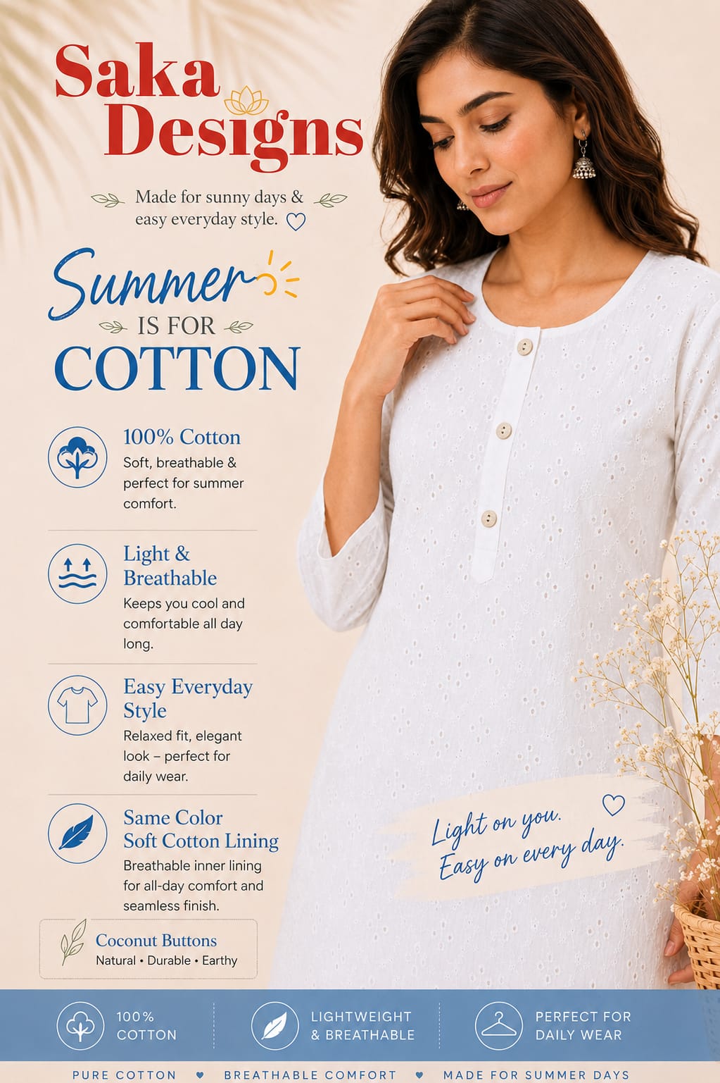 Women 100% Cotton Embroidered Kurti - White (Kurti-78)