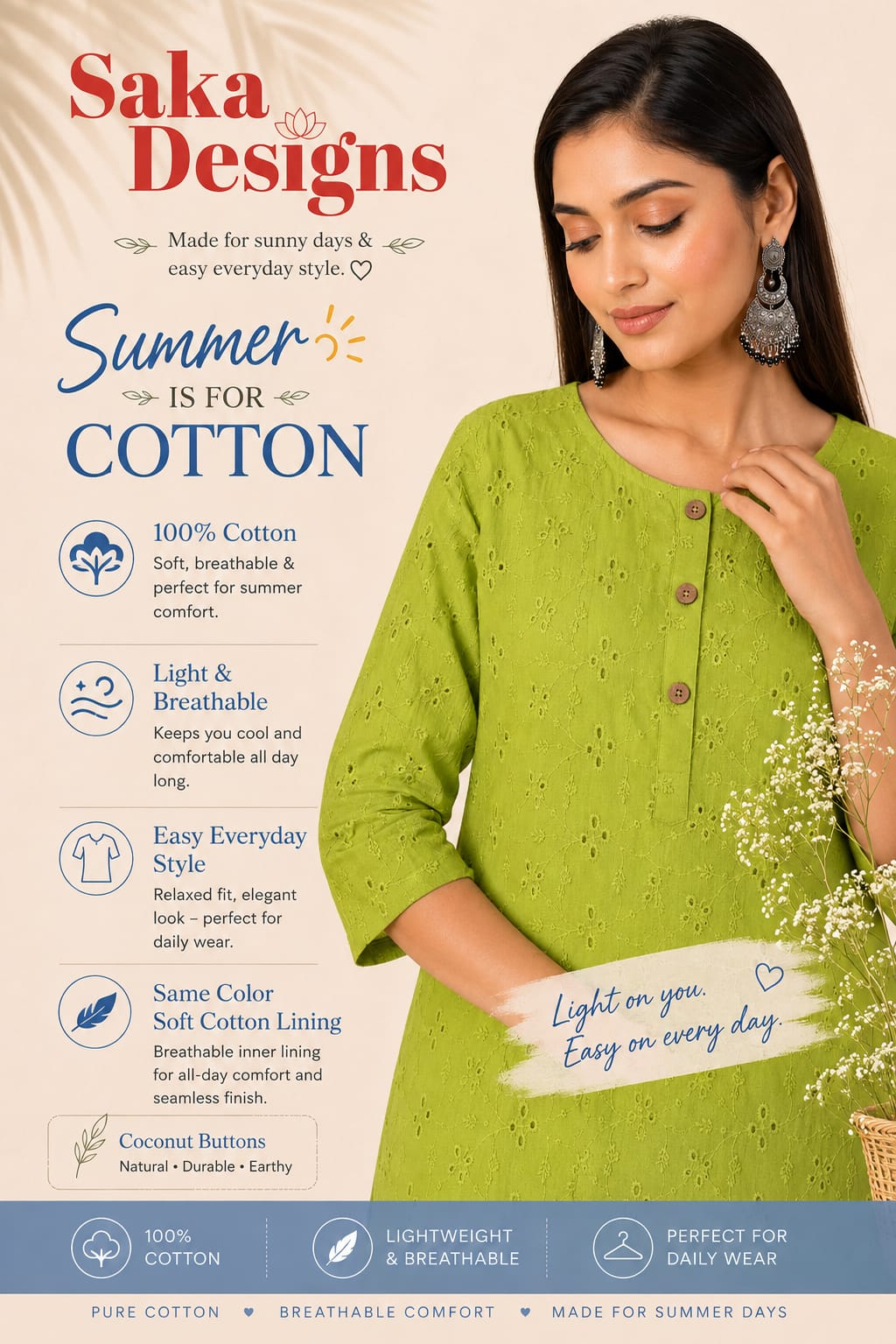 Women 100% Cotton Embroidered Kurti - Lime Green (Kurti-80)