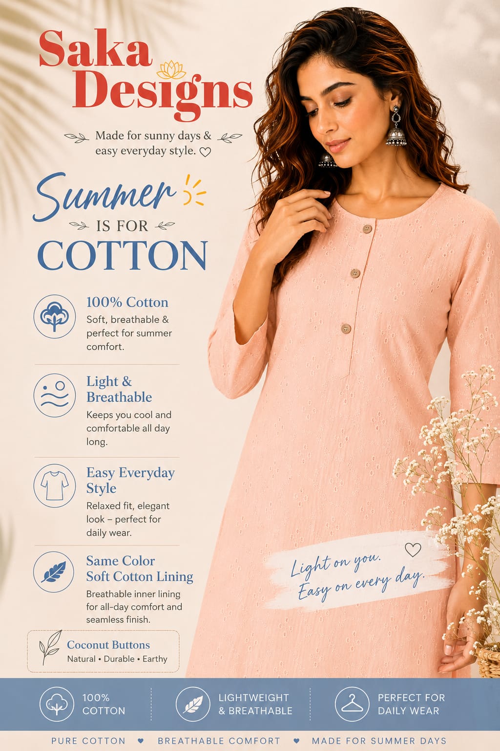 Women 100% Cotton Embroidered Kurti - Peach (Kurti-85)