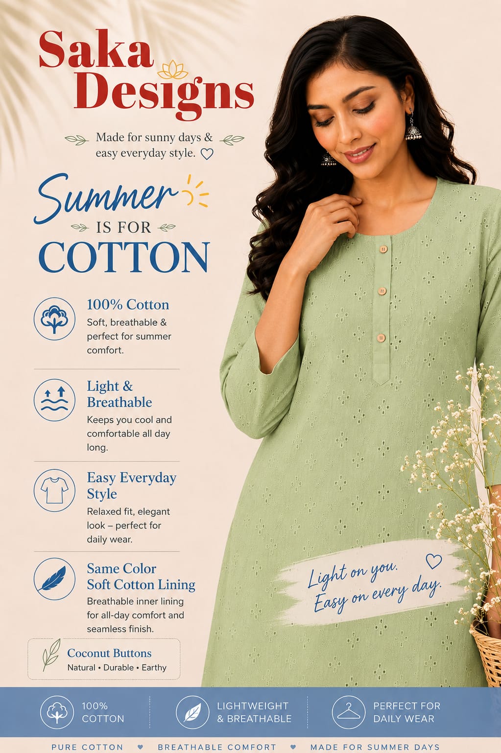 Women 100% Cotton Embroidered Kurti -Pastel Green (Kurti-83)