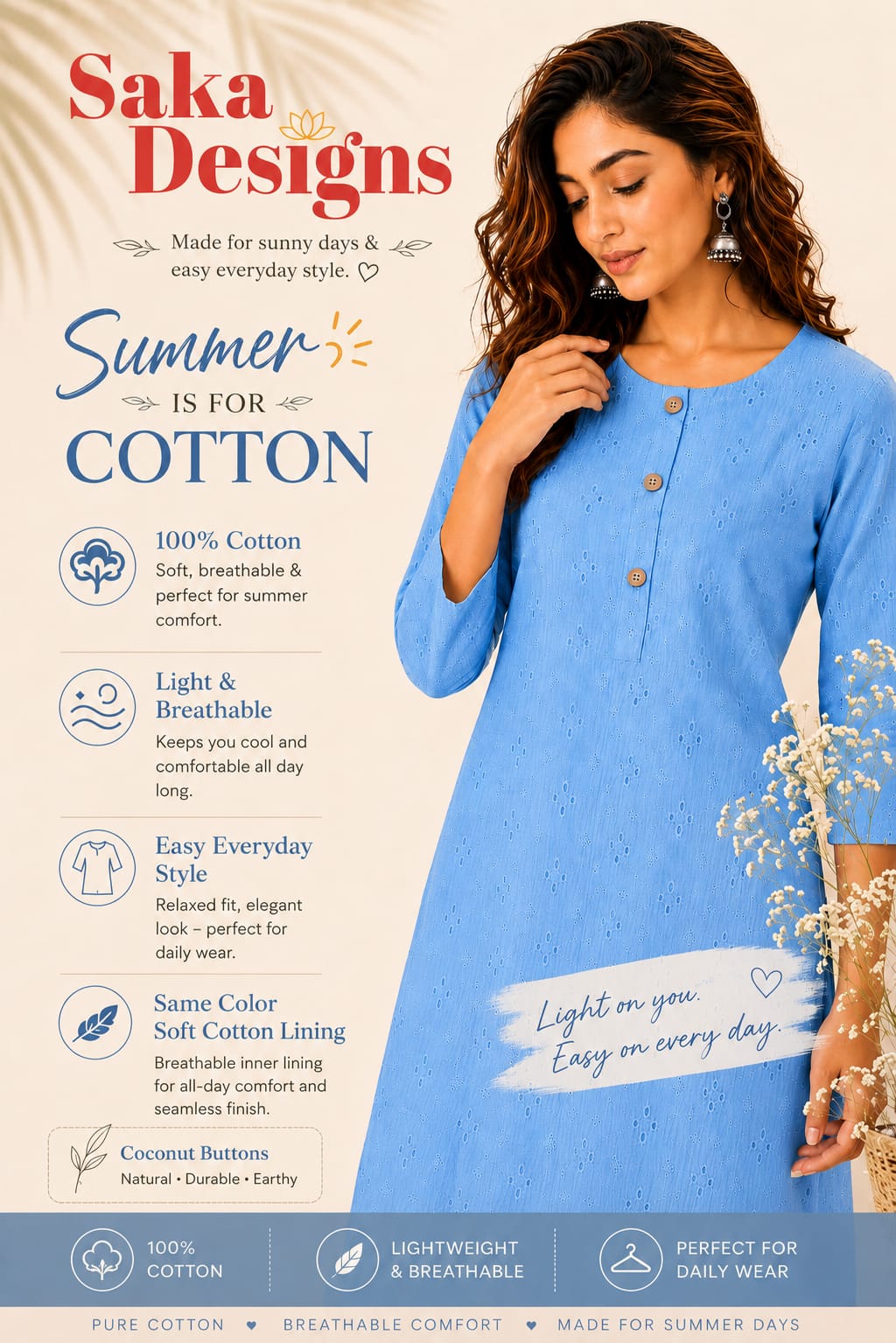 Women 100% Cotton Embroidered Kurti - Sky Blue(Kurti-82)