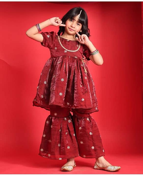 Girls Maroon Embroidered Peplum Kurti with Sharara
