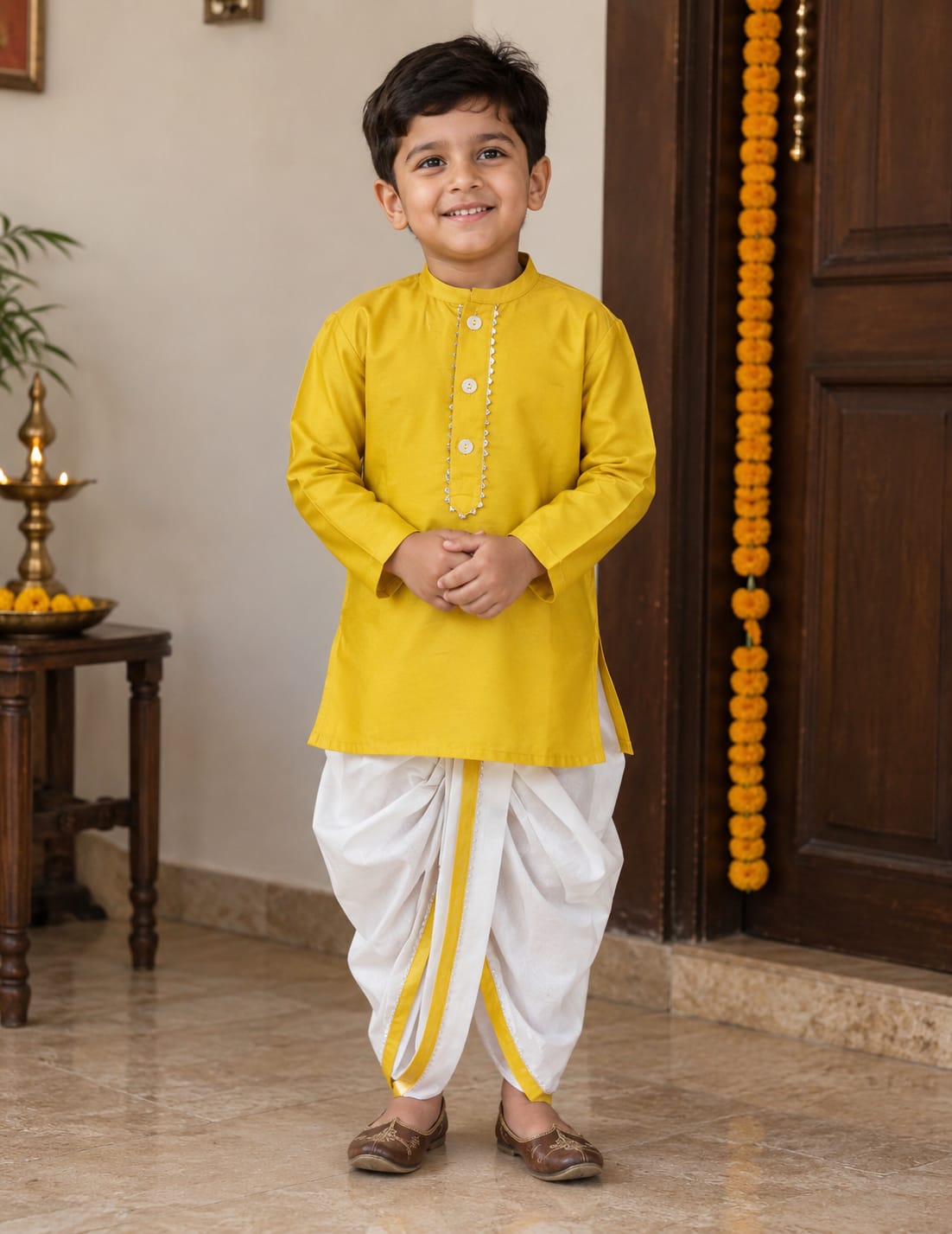 Cotton Kurta Dhoti - Yellow & White