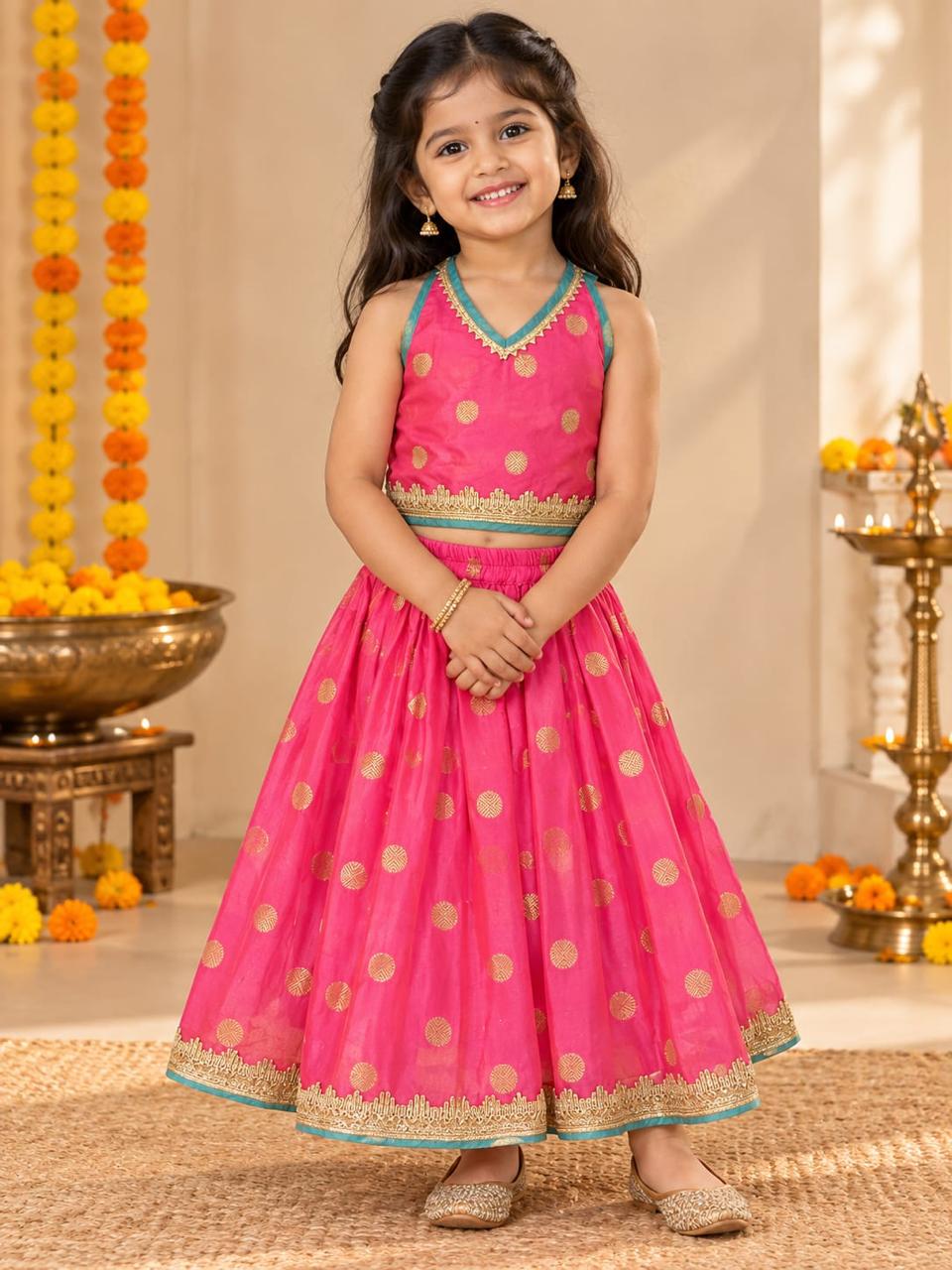Girls Fuchsia & Gold Lehenga Choli