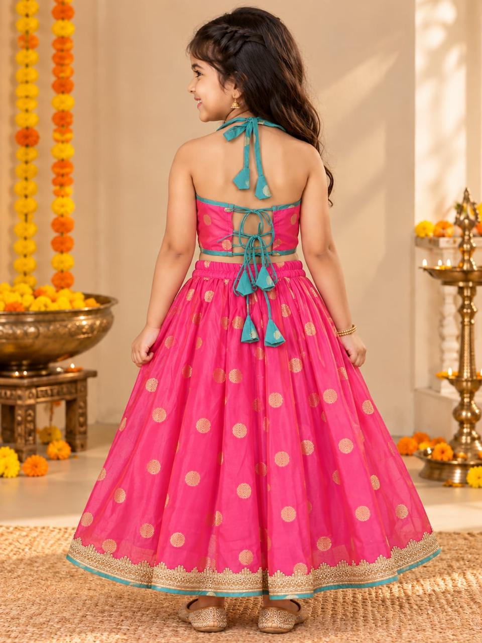 Girls Fuchsia & Gold Lehenga Choli