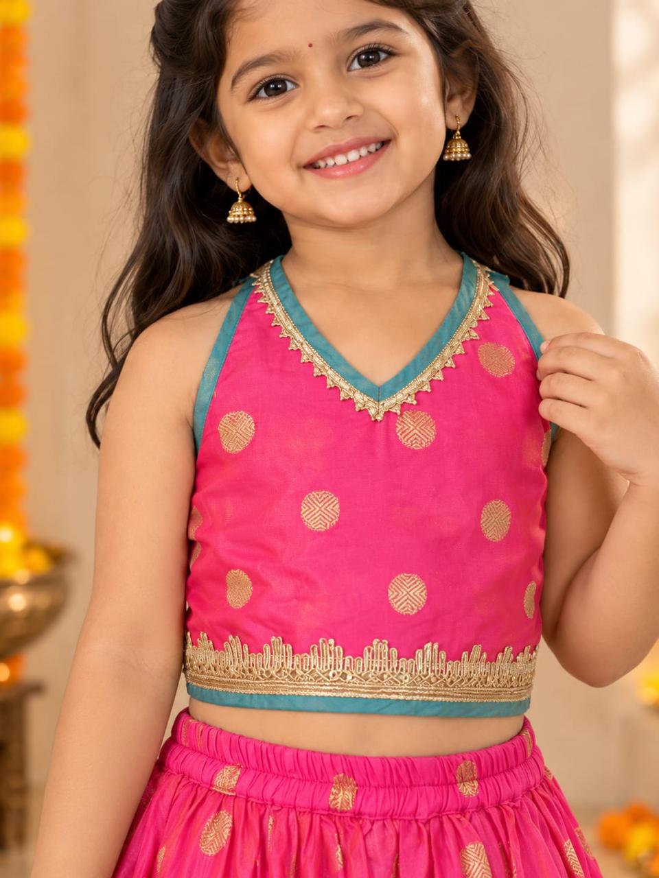 Girls Fuchsia & Gold Lehenga Choli