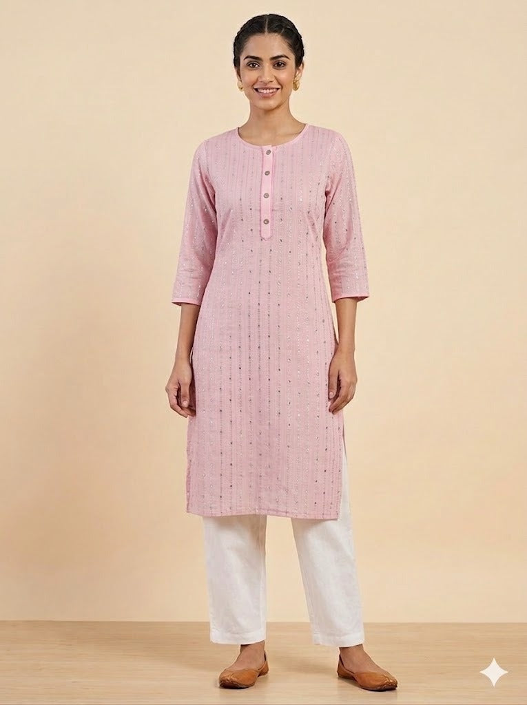 Women 3/4th Sleeves Pink Cotton Lurex with Cotton Lining Straight Kurti (Kurti-54)