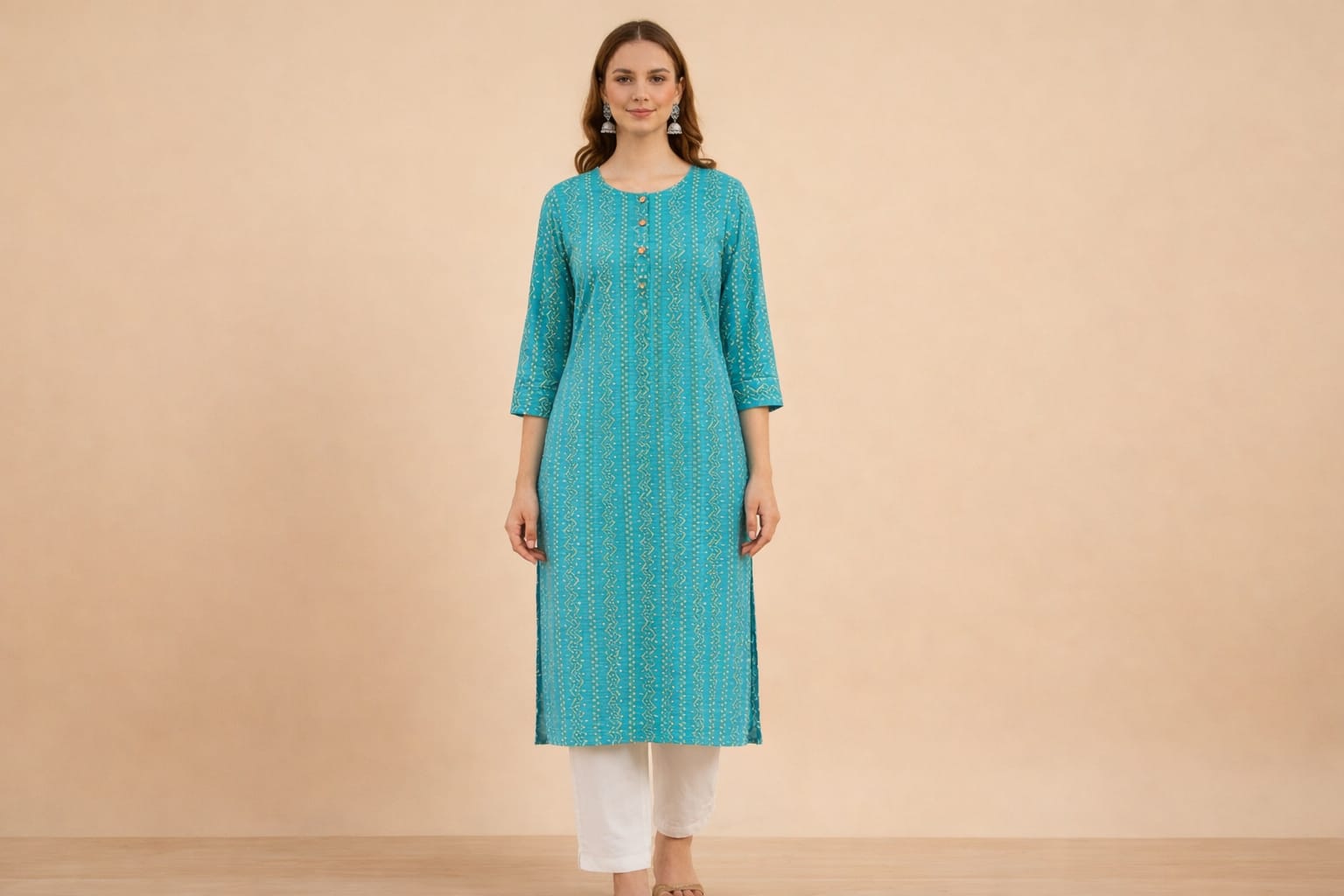 Women Blue Straight Printed 3/4th Sleeves 100% Cotton Kurti (Kurti-57)
