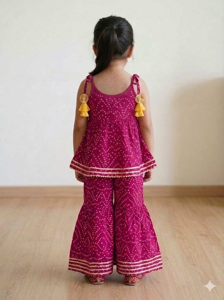 Magenta Bandhani Print Top & Sharara Set for Girls