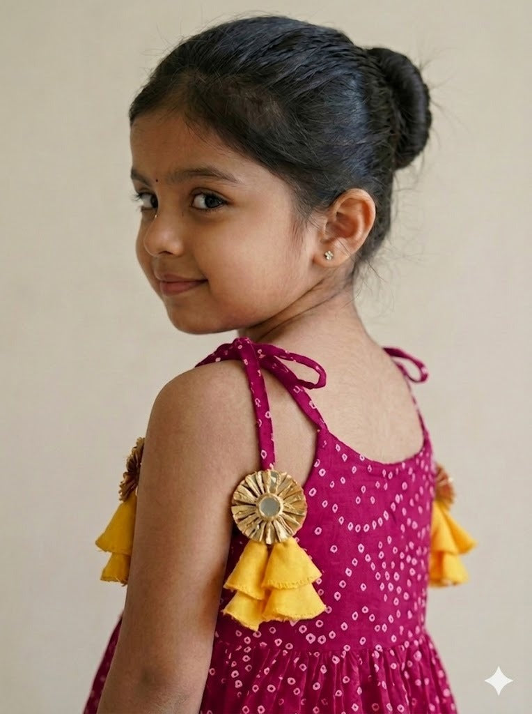 Magenta Bandhani Print Top & Sharara Set for Girls
