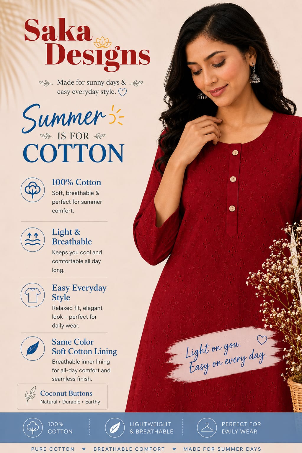 Women 100% Cotton Embroidered Kurti - Mahroon (Kurti-76)