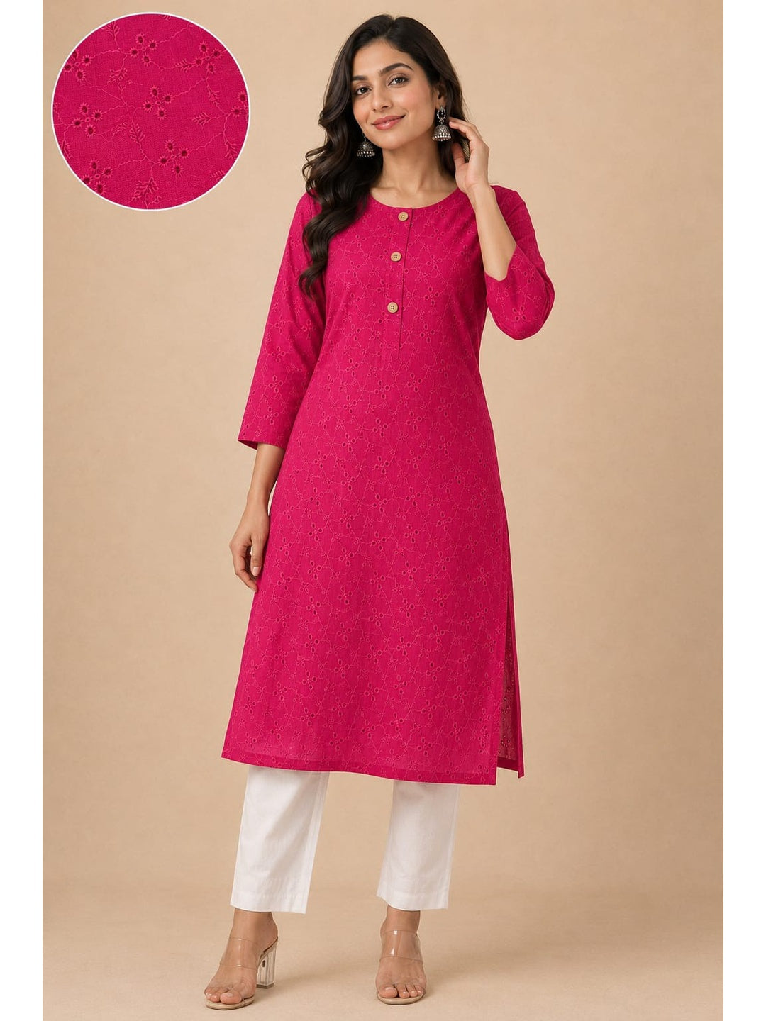 Women 100% Cotton Embroidered Kurti - Pink (Kurti-77)