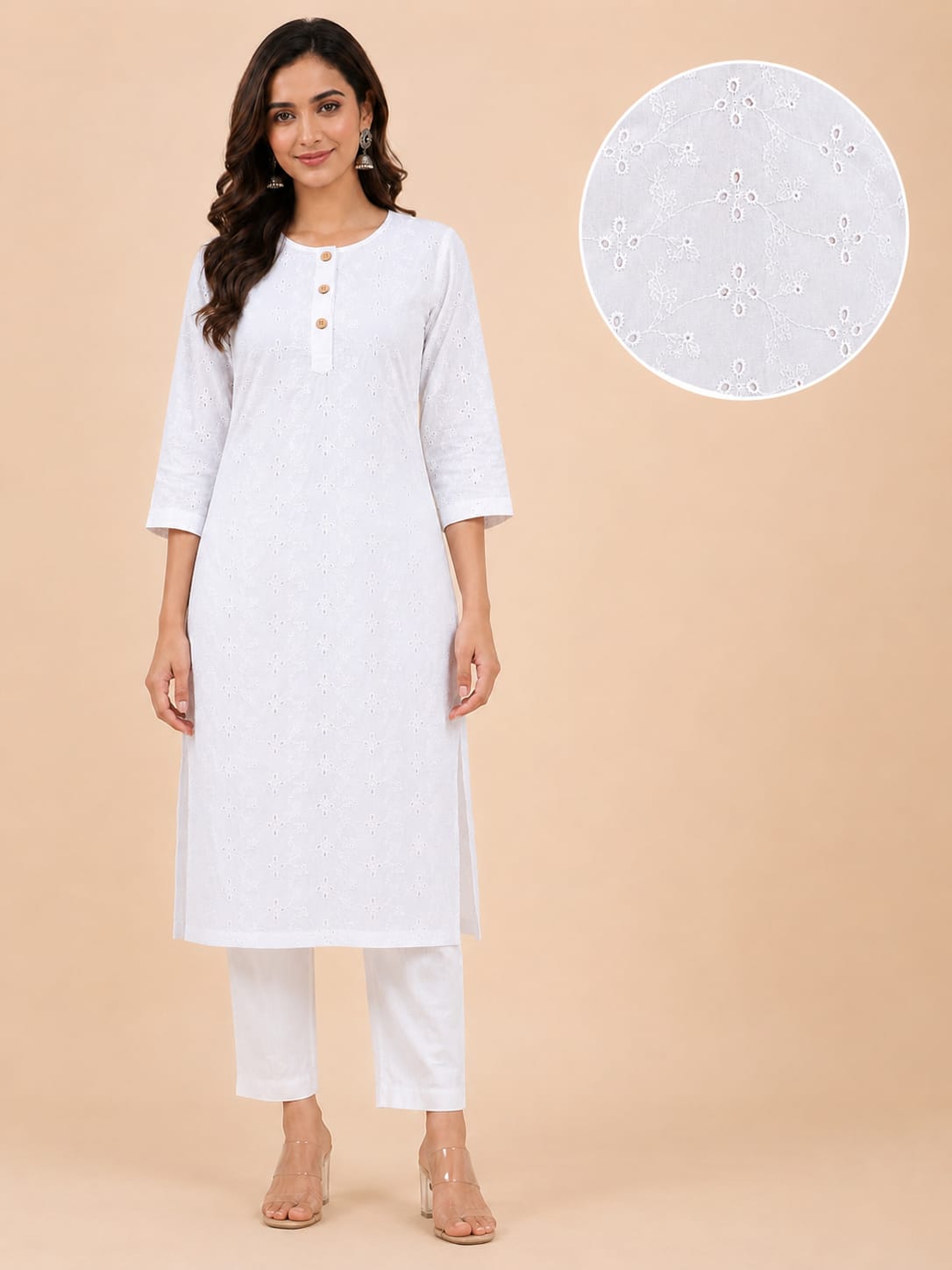 Women 100% Cotton Embroidered Kurti - White (Kurti-78)