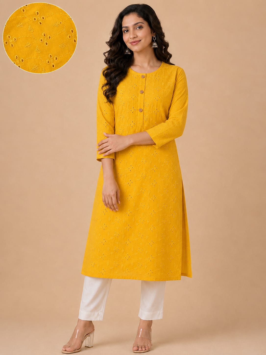 Women 100% Cotton Embroidered Kurti - Yellow (Kurti-79)