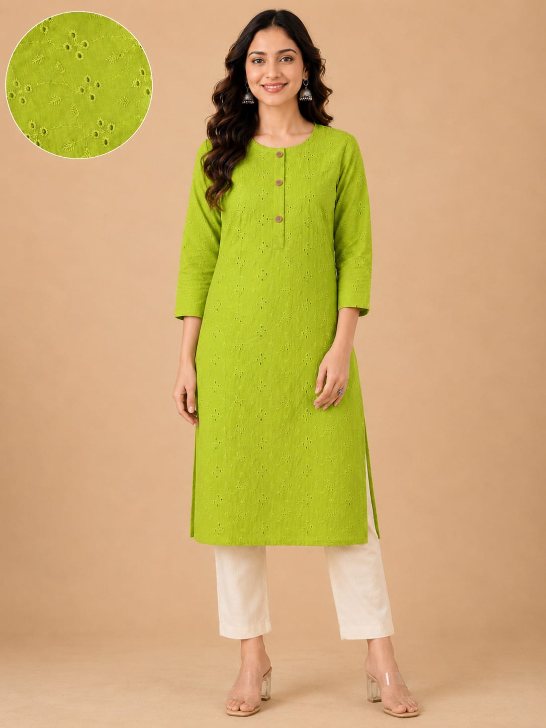 Women 100% Cotton Embroidered Kurti - Lime Green (Kurti-80)