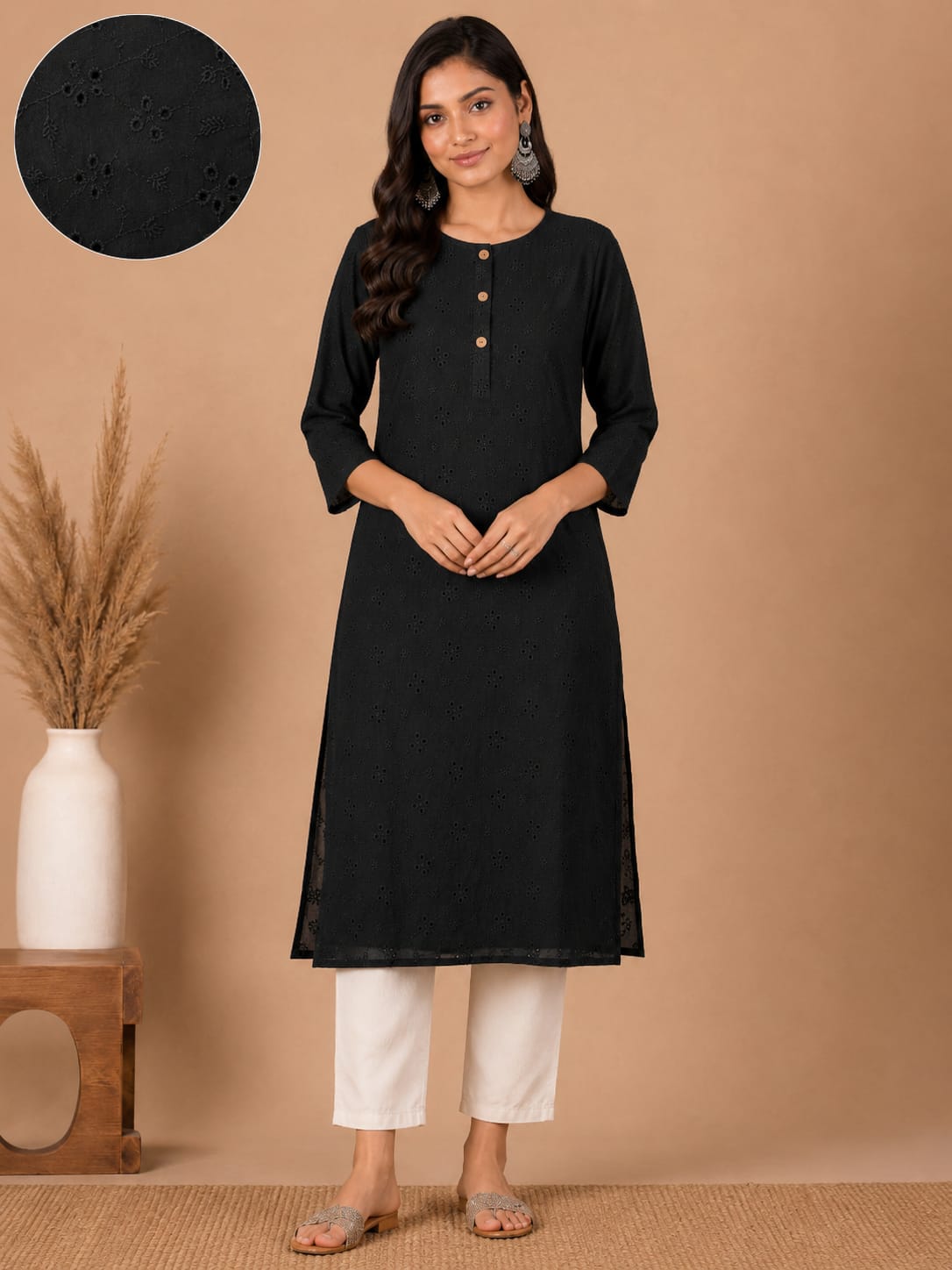 Women 100% Cotton Embroidered Kurti - Black  (Kurti-81)