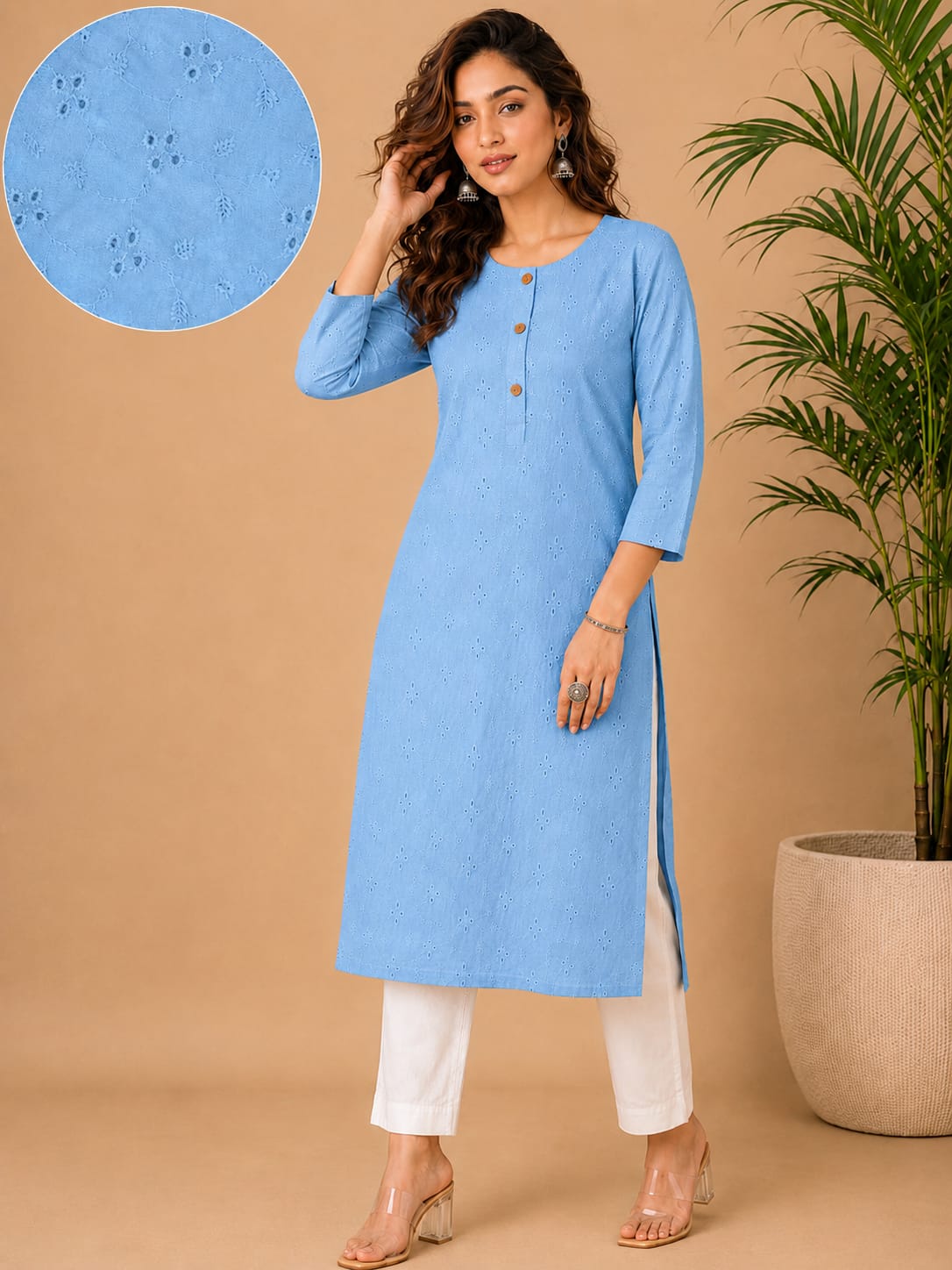 Women 100% Cotton Embroidered Kurti - Sky Blue(Kurti-82)