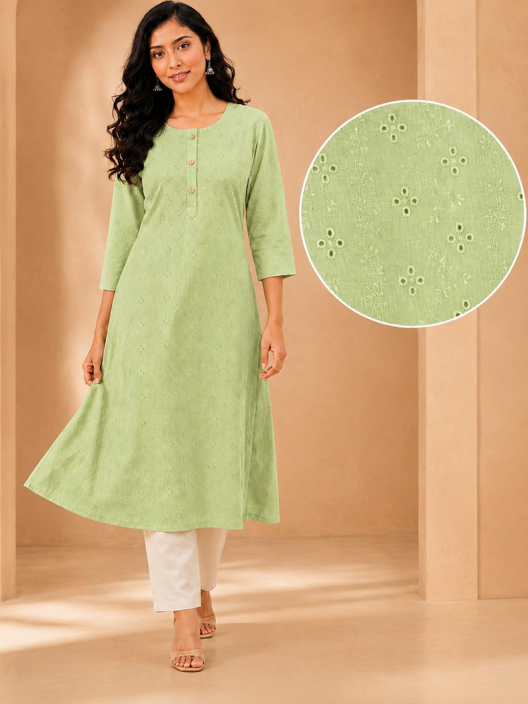 Women 100% Cotton Embroidered Kurti -Pastel Green (Kurti-83)