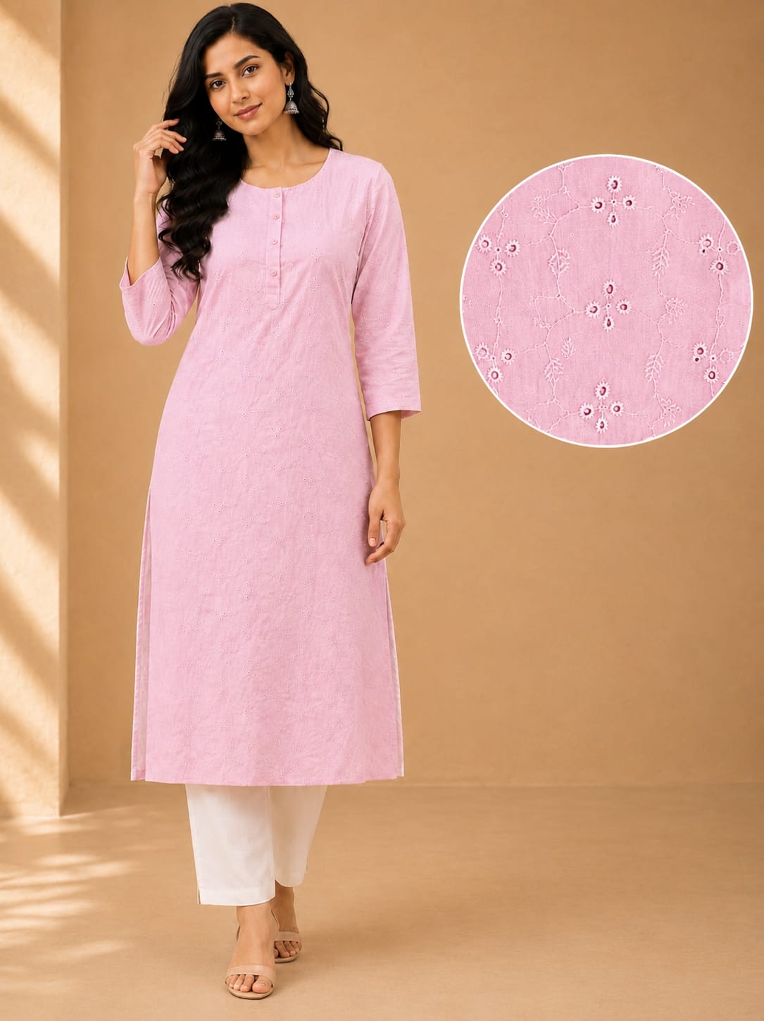 Women 100% Cotton Embroidered Kurti - Pink(Kurti-84)