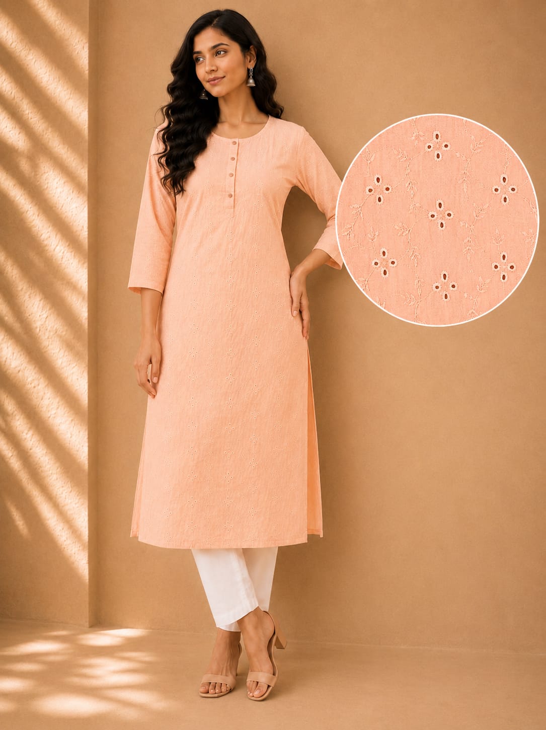 Women 100% Cotton Embroidered Kurti - Peach (Kurti-85)