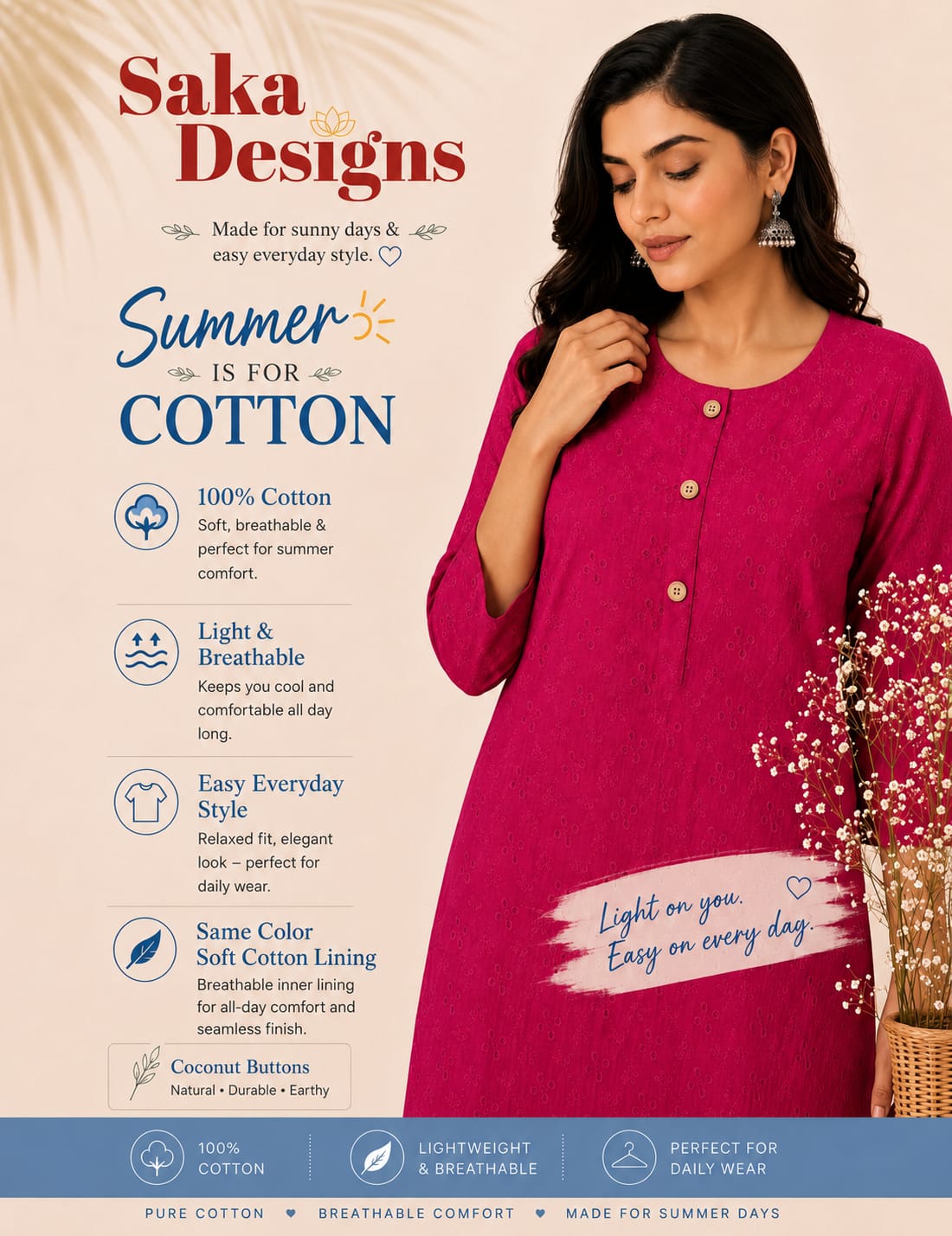 Women 100% Cotton Embroidered Kurti - Pink (Kurti-77)