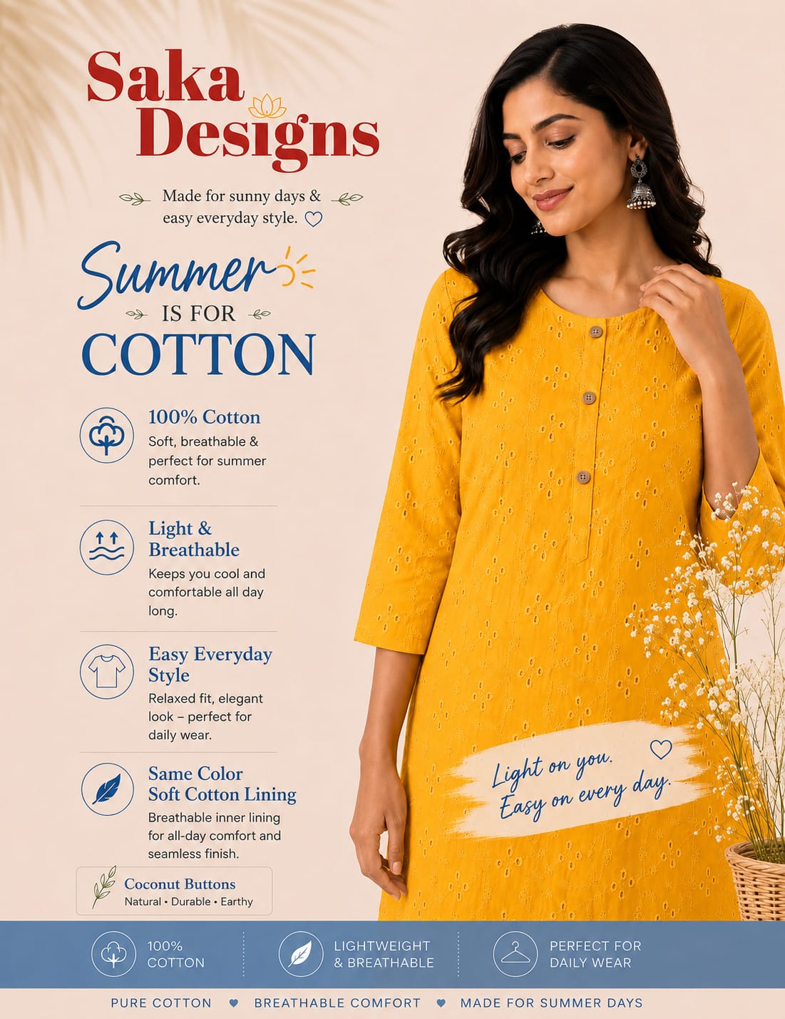 Women 100% Cotton Embroidered Kurti - Yellow (Kurti-79)