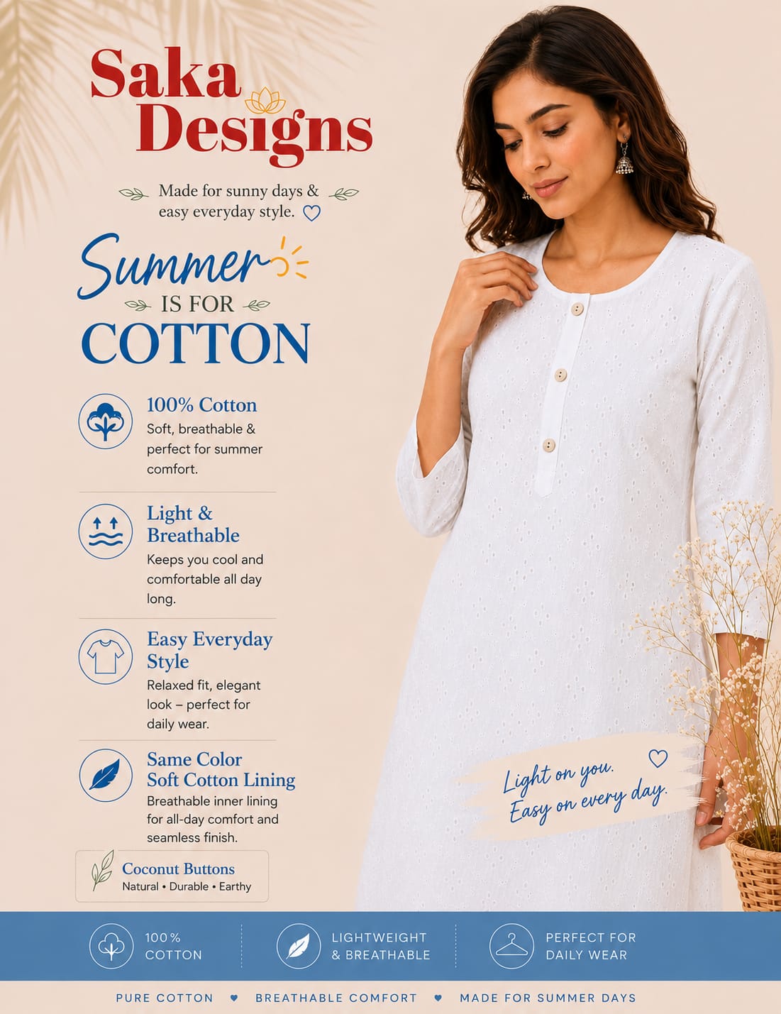 Women 100% Cotton Embroidered Kurti - White (Kurti-78)