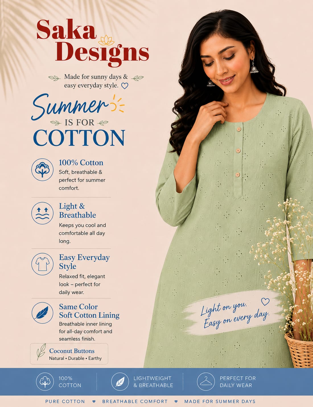Women 100% Cotton Embroidered Kurti -Pastel Green (Kurti-83)