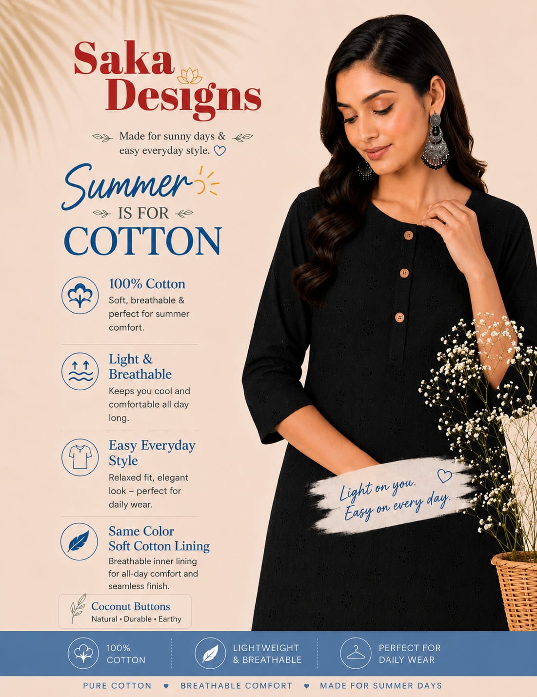 Women 100% Cotton Embroidered Kurti - Black  (Kurti-81)