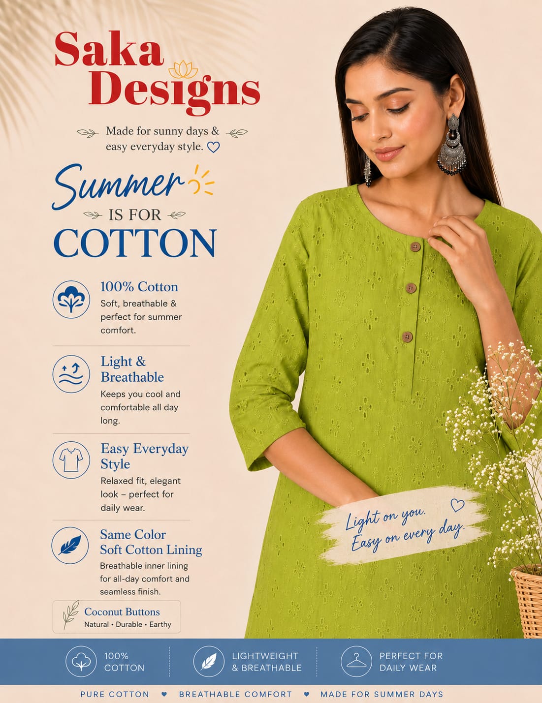 Women 100% Cotton Embroidered Kurti - Lime Green (Kurti-80)