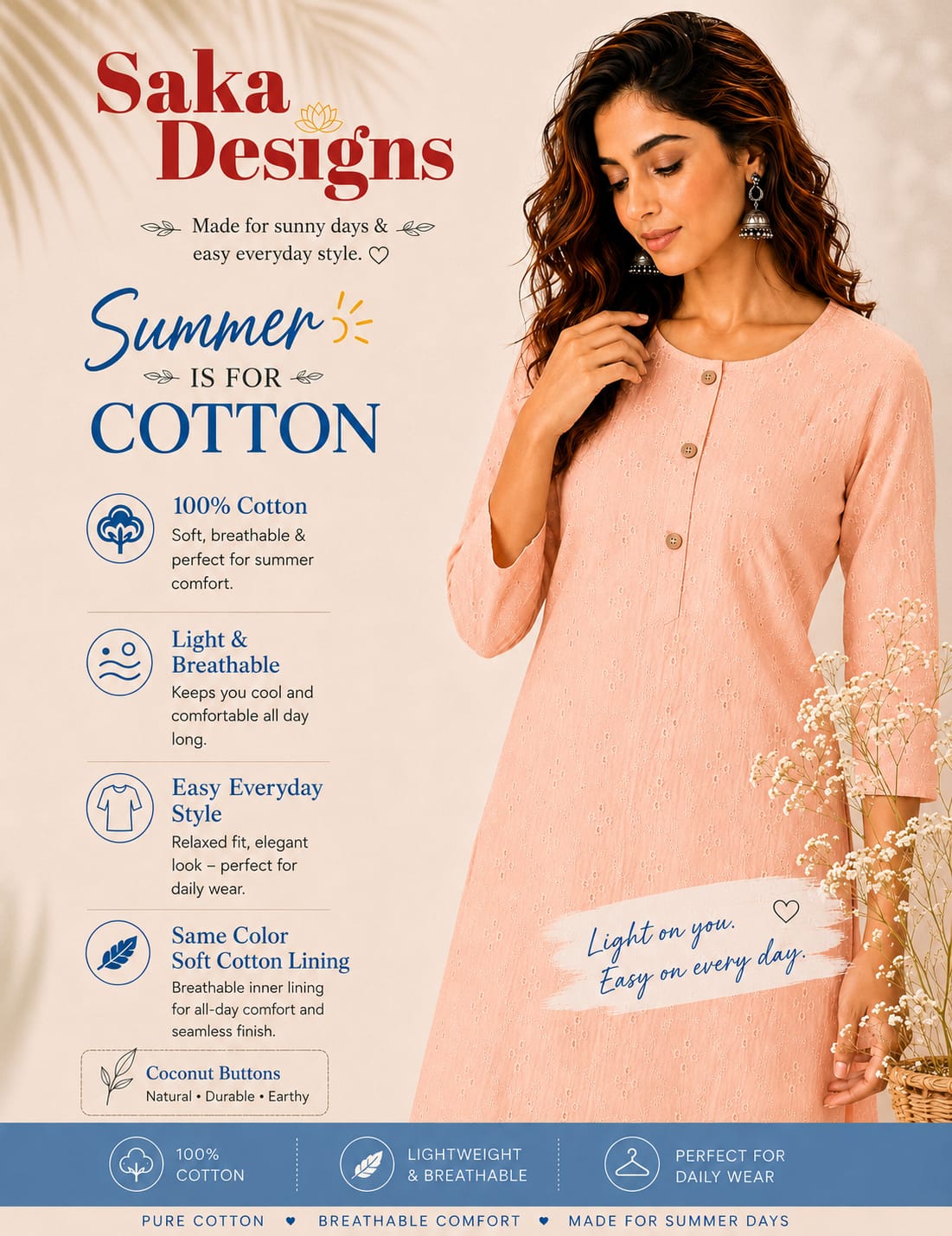 Women 100% Cotton Embroidered Kurti - Peach (Kurti-85)
