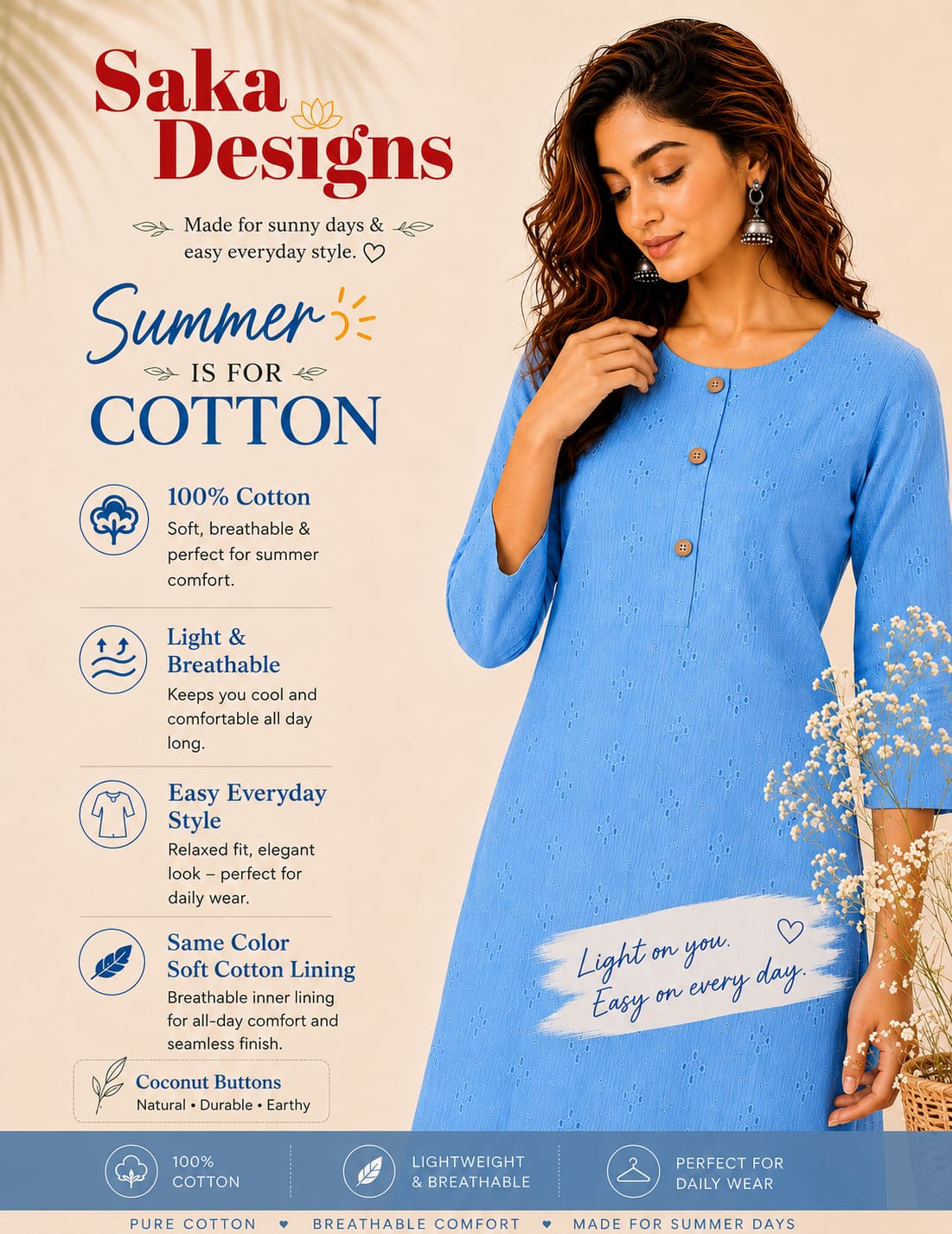Women 100% Cotton Embroidered Kurti - Sky Blue(Kurti-82)