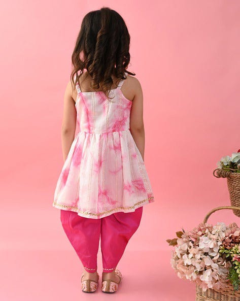 Girls Tie & Dye Jhabla And Dhoti - Pink & White