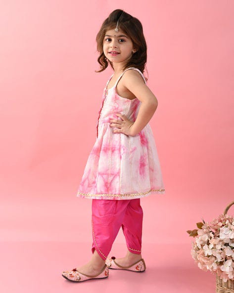 Girls Tie & Dye Jhabla And Dhoti - Pink & White