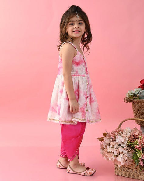 Girls Tie & Dye Jhabla And Dhoti - Pink & White