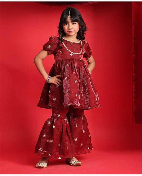 Girls Maroon Embroidered Peplum Kurti with Sharara