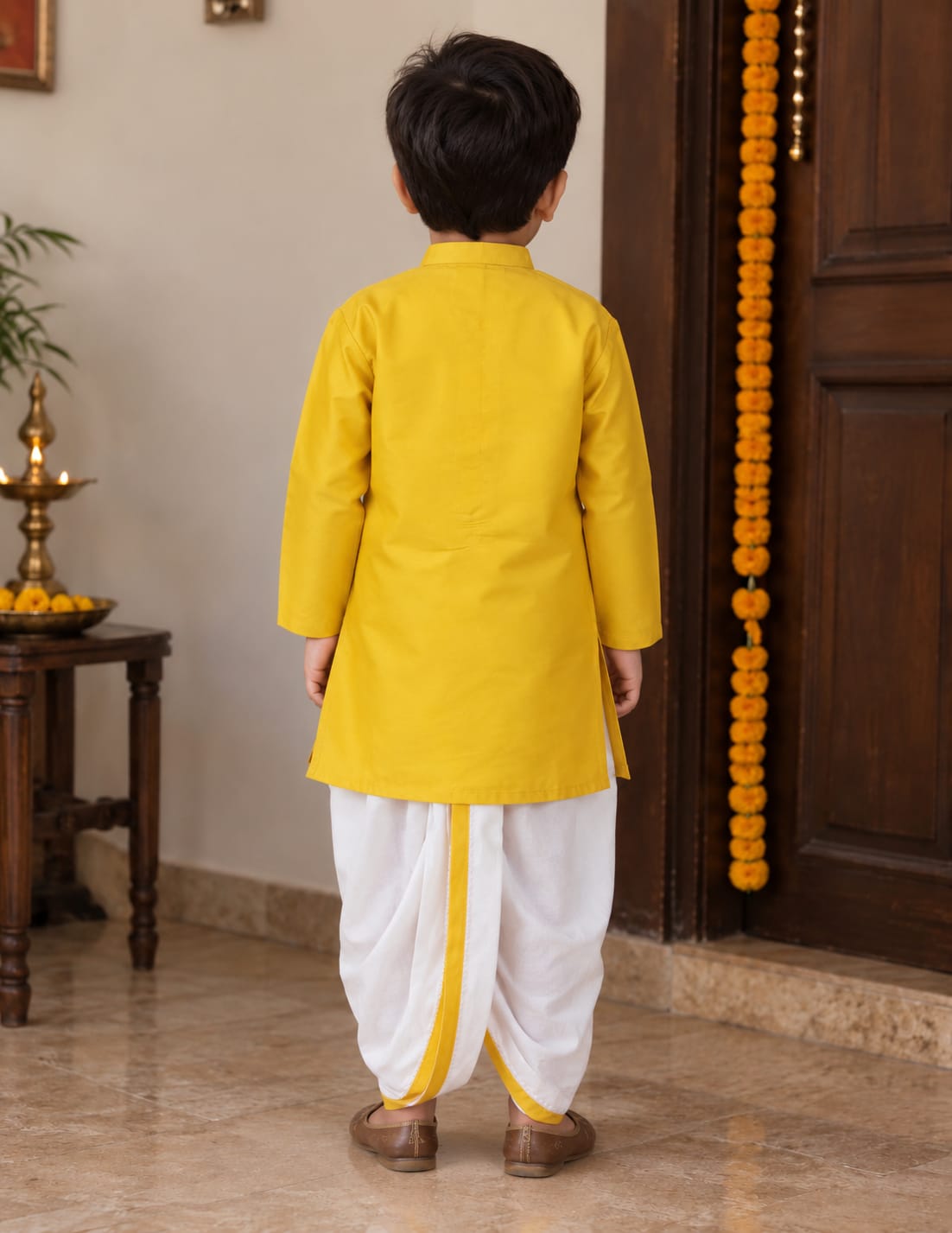 Cotton Kurta Dhoti - Yellow & White