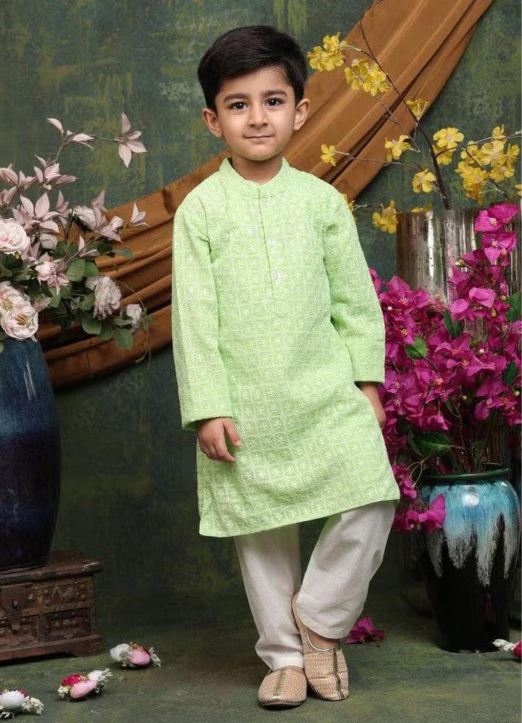 Boys' Georgette Embroidered Green Kurta with White Cotton Pajama