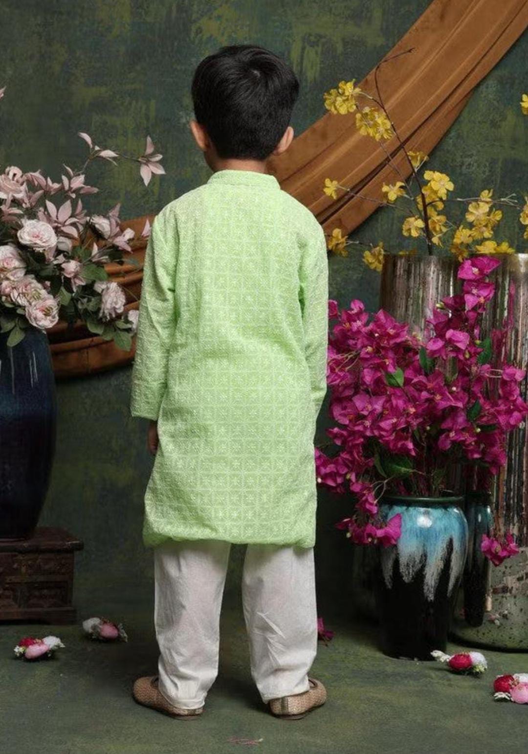 Boys' Georgette Embroidered Green Kurta with White Cotton Pajama