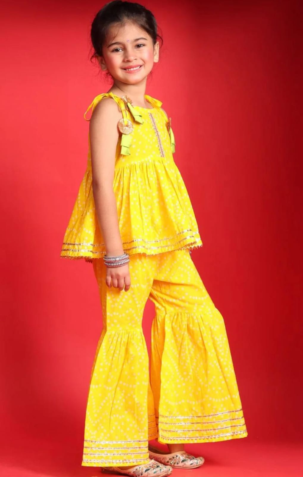 Yellow Bandhani Print Top & Sharara Set for Girls