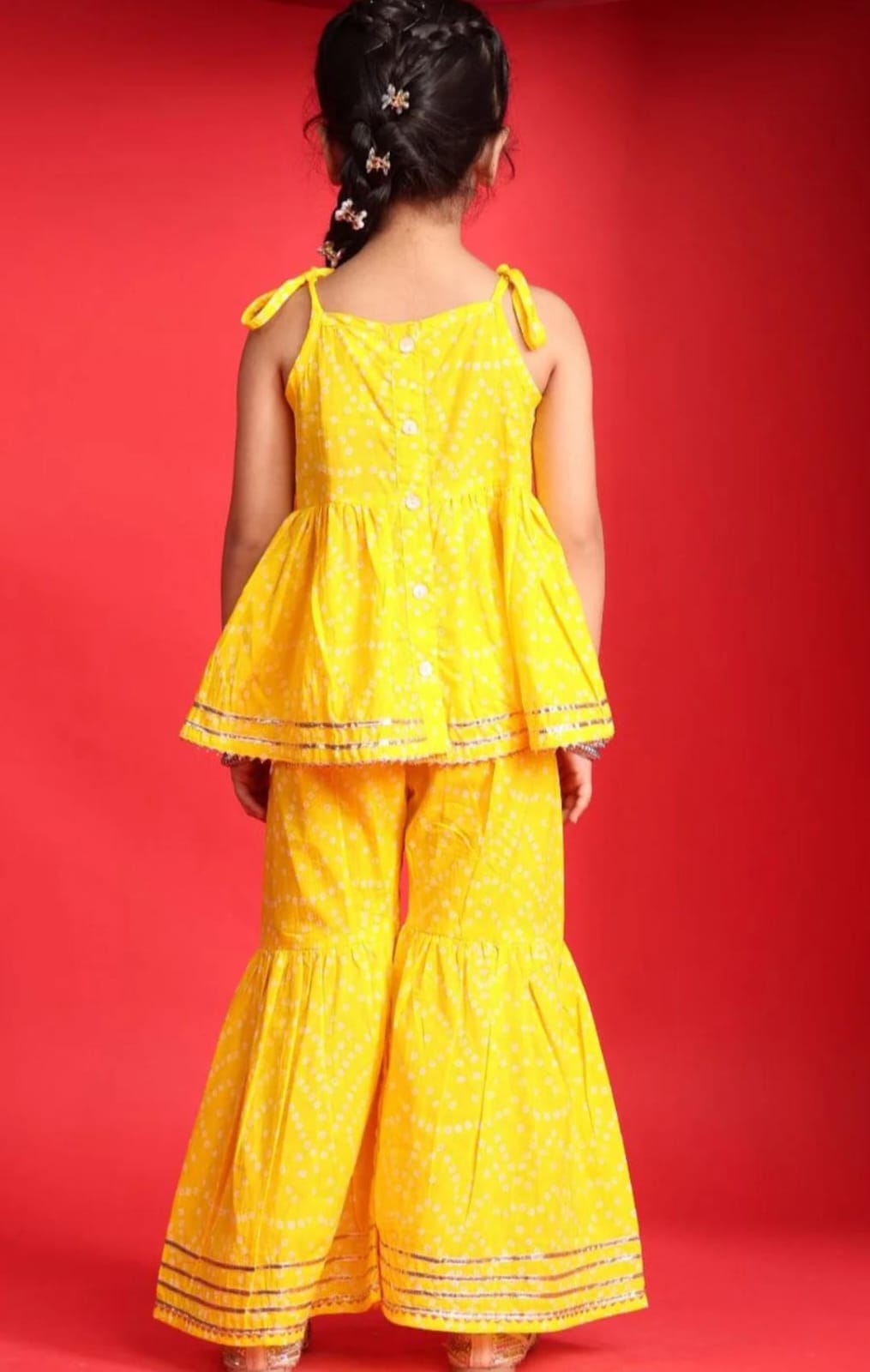 Yellow Bandhani Print Top & Sharara Set for Girls
