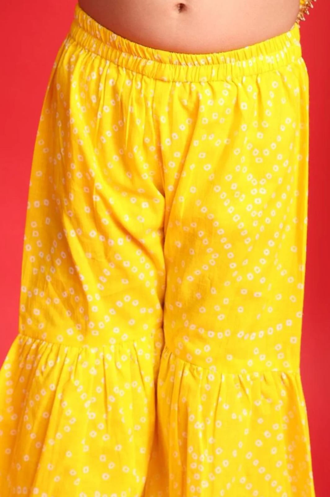 Yellow Bandhani Print Top & Sharara Set for Girls