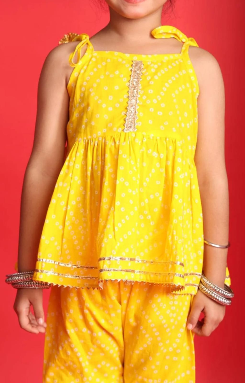 Yellow Bandhani Print Top & Sharara Set for Girls