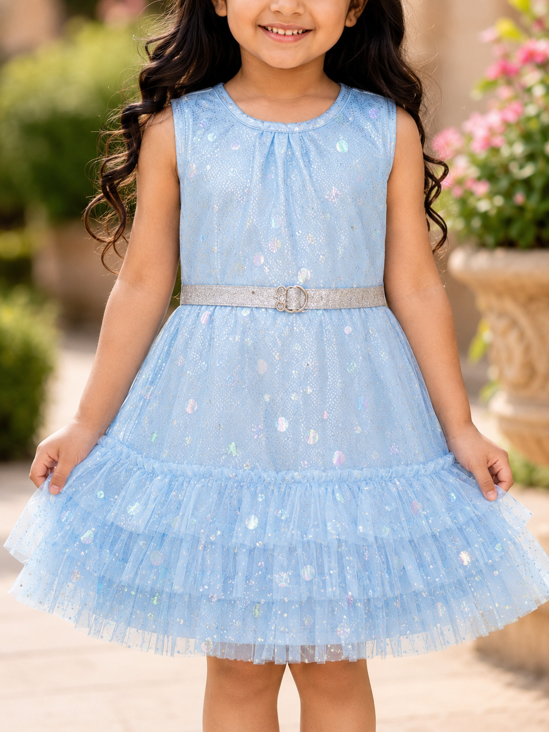 Blue shimmer tiered sequinned fit and flare party dress for girls, festive wear by Saka Designs
